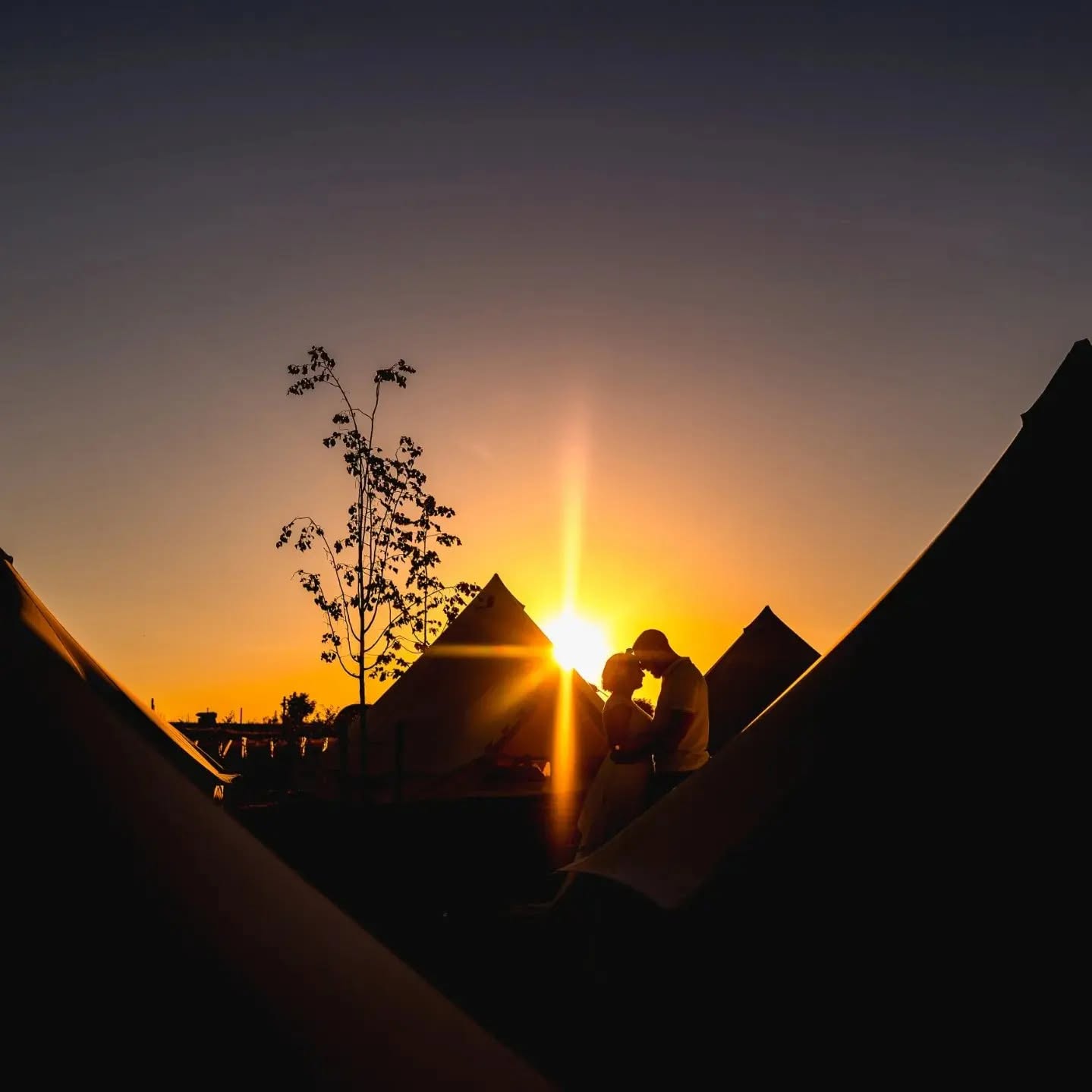 Bell tents silhouetted at sunset
